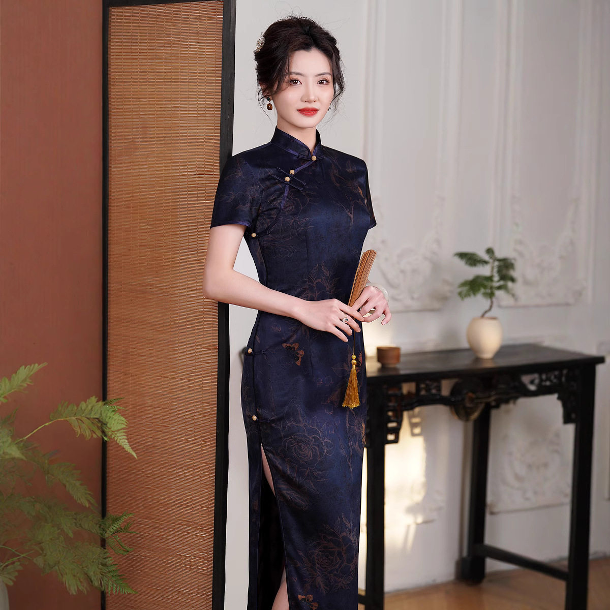 新中式复古印花真丝长款旗袍礼服