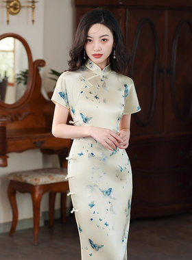 国风印花真丝桑蚕丝长款旗袍礼服