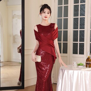 长款 晚礼服 喜妈妈 2026新款 婚宴装 露肩披肩式 喜婆婆 敬酒服 时尚