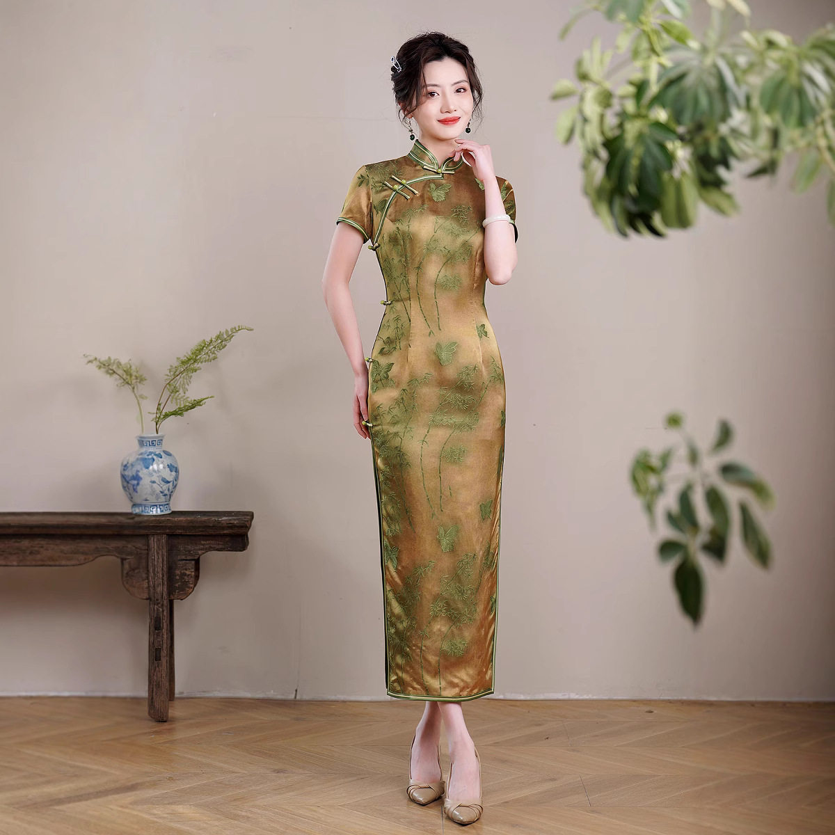 节节高送考天丝长款改良旗袍裙子