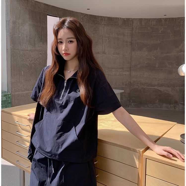 藏青色学院风薄款运动上衣套装女夏新款小个子休闲显瘦短裙两件套
