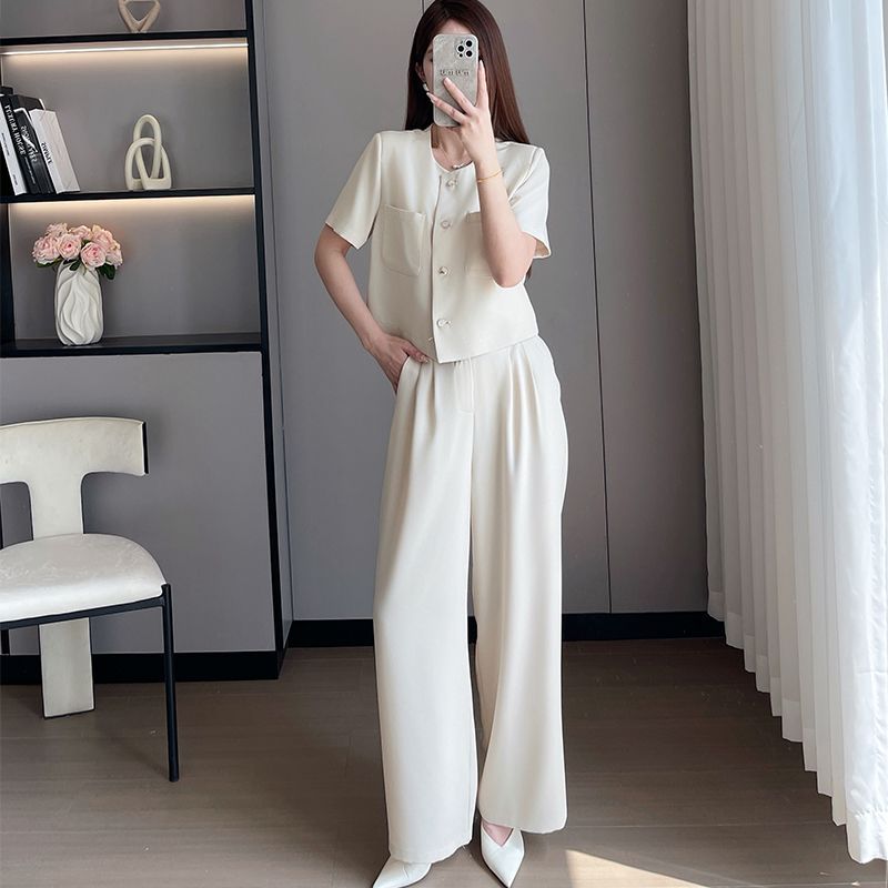 时尚简约套装女2025夏季新款垂坠感慵懒圆领西装高腰阔腿裤两件套