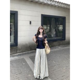 复古碎花休闲裤 甜美风套装 女夏季 气质方领短袖 两件套 衬衫