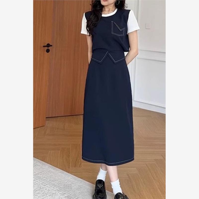 夏季大码女装两件套胖MM显瘦遮肉假两件上衣洋气显高半身裙套装