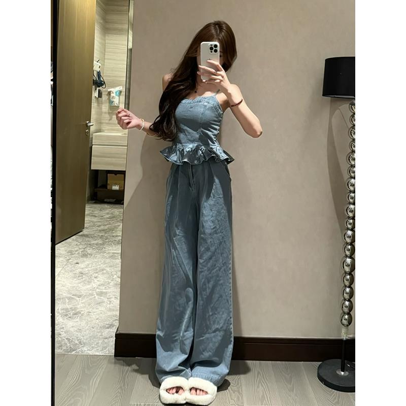 甜辣妹水洗牛仔套装女夏新款复古木耳边吊带背心阔腿拖地裤两件套
