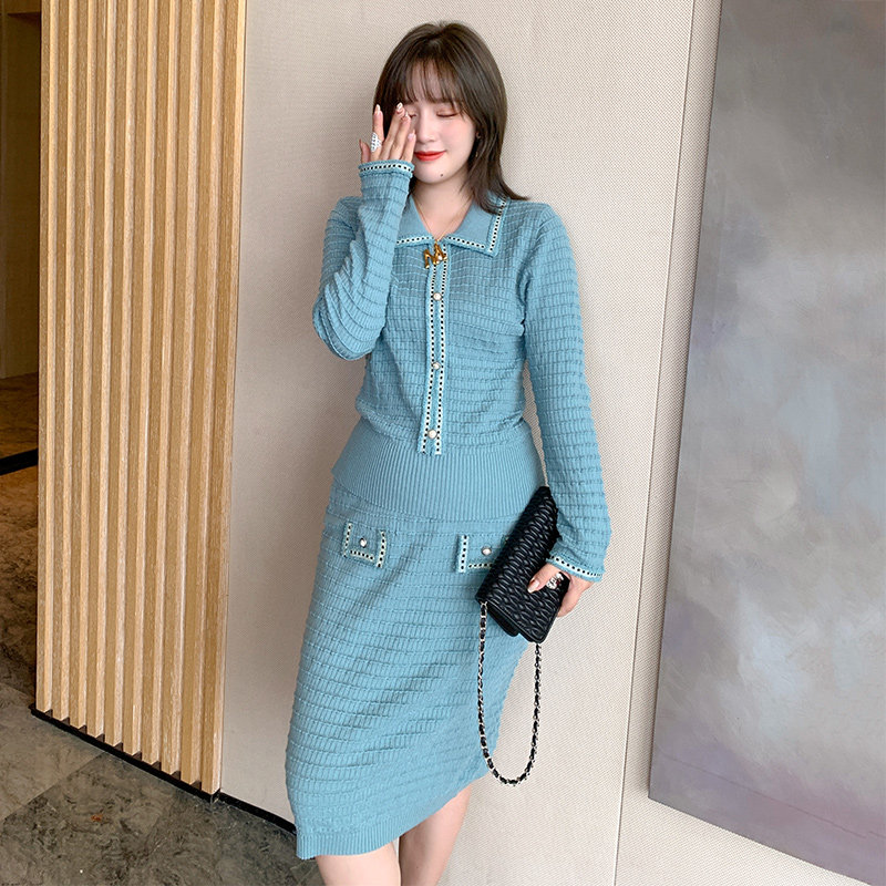 miuco撞色编织流苏钉珠扣针织衫 高腰半裙套装2020秋冬【现货】