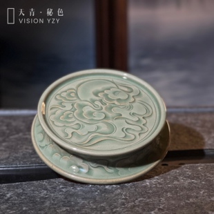 仿宋精品耀州窑茶壶纯手工刻花小传统青瓷多用海上明月盖置小壶承