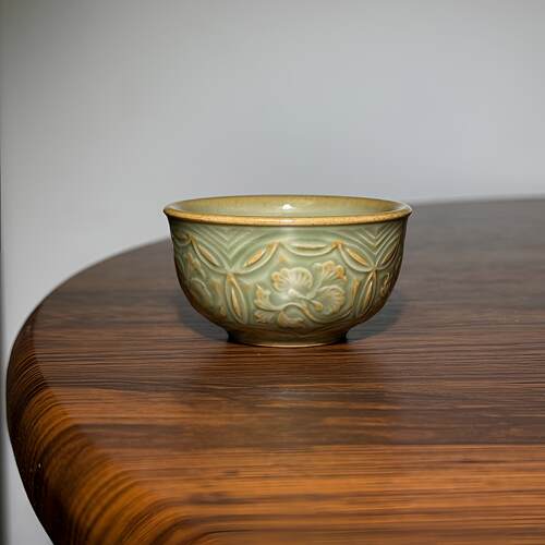 耀州青瓷仿古青釉大观通宝茶杯