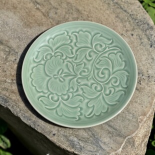 HOT耀州窑秘色中式茶盘七寸平盘陶瓷餐具盘子家用牡丹骨碟盘19cm