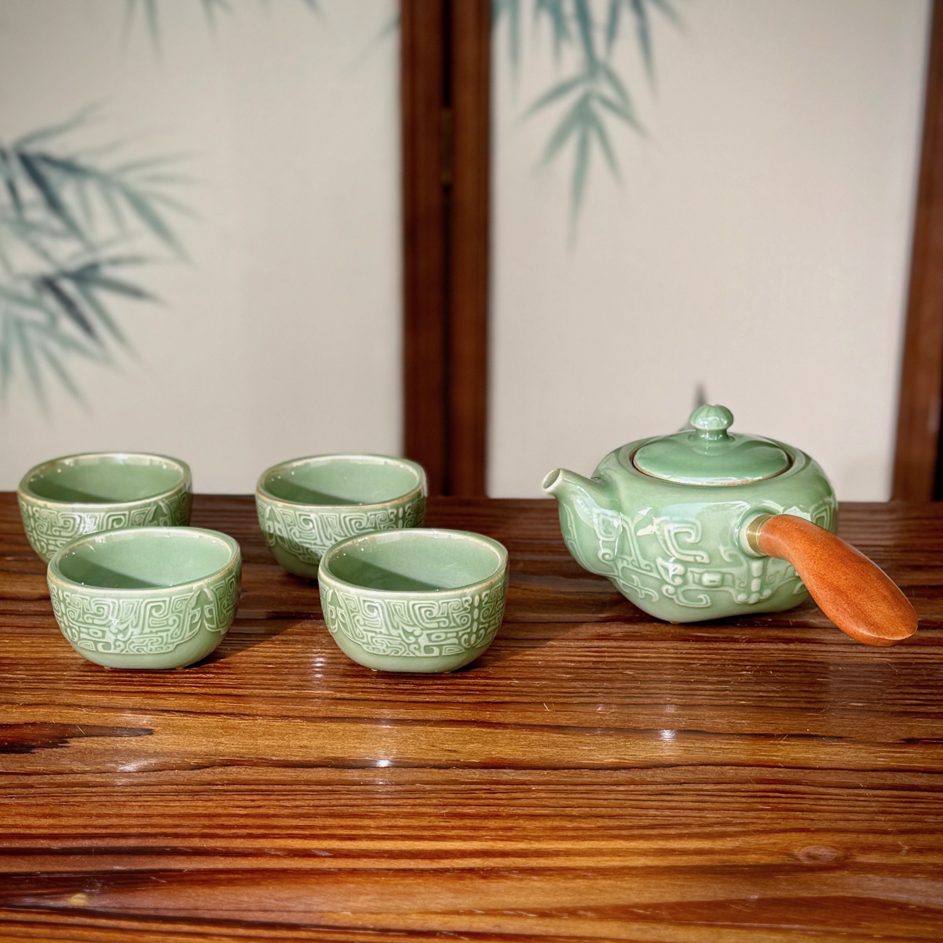 中国非遗耀州窑原矿青瓷中式「问鼎古今·茶礼套组」1壶4杯礼盒装