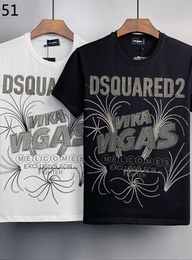 欧美D2短袖T恤男装DSQ2烫钻字母烟花圆领米兰潮流休闲纯棉上衣潮
