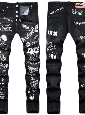 春秋新款潮牌痞帅牛仔裤男黑色DSQ2字母印花修身小脚破洞补丁长裤