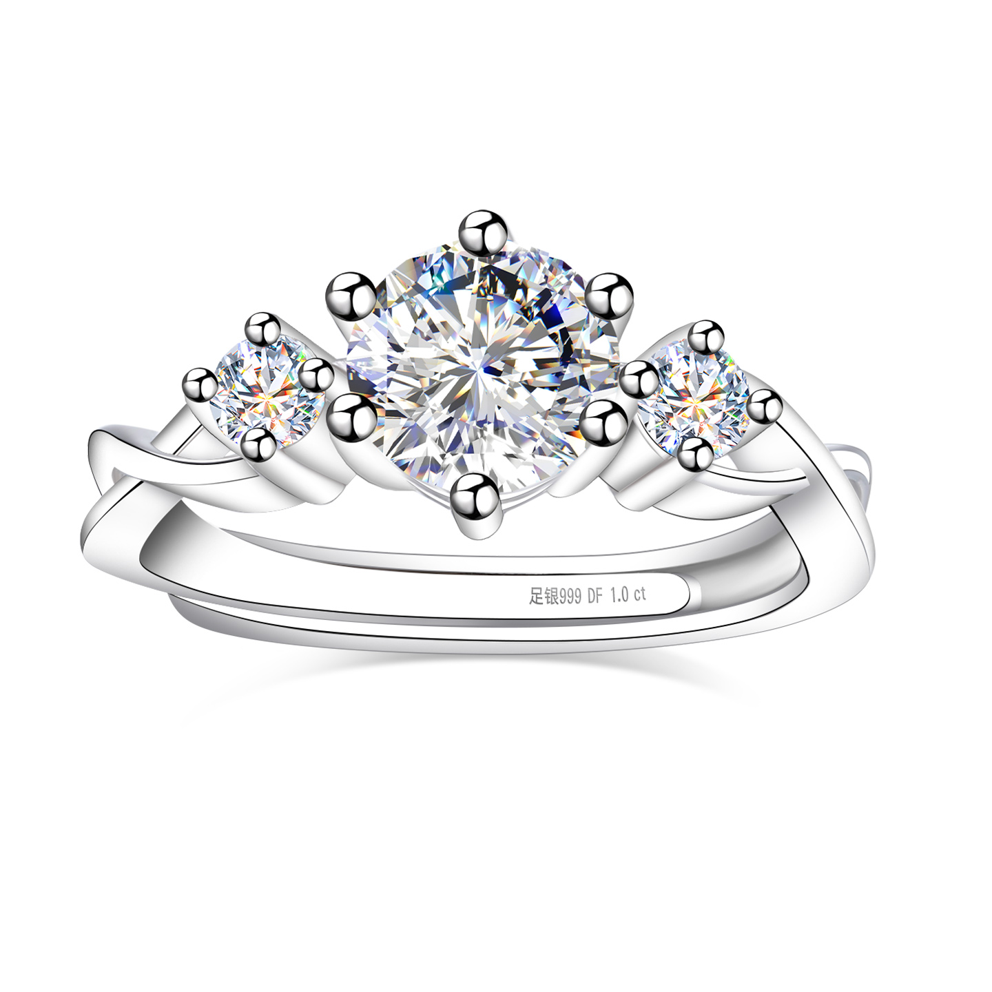 999纯银一克拉莫桑钻银戒指女款女求婚钻戒结婚婚戒女戒单戒单人