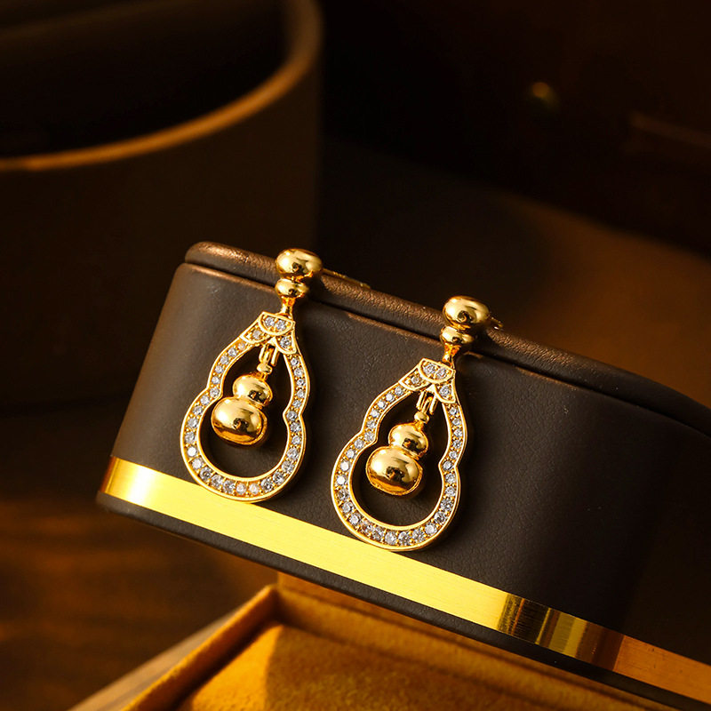 复古镂空宝葫芦吊坠耳环女金色灵动福绿耳钉时尚个性新中式耳饰品