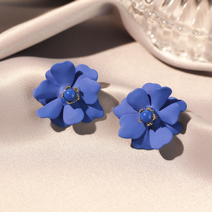克莱因蓝色花朵耳钉气质耳饰冷淡风耳环清新艳丽夸张晚会演出饰品