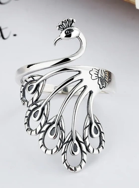 创意复古活口孔雀S925纯银宽面戒指女民族风泰银凤凰做旧戒指环