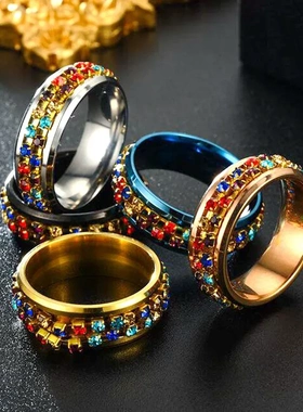 跨境欧美新款不锈钢满天星钻链转动戒指时尚饰品不掉色旋转戒指环