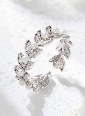 小清新树叶花环开口戒指轻奢高级感微镶锆石可调节食指戒新款指环