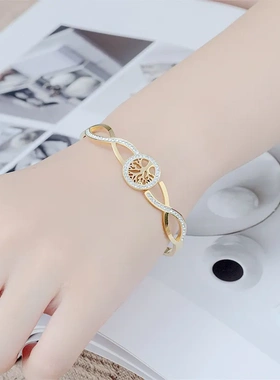 欧美时尚 生命树钛钢镶钻手镯 韩版流行百搭发财树玫瑰金手环饰品