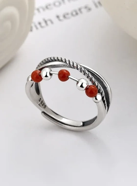 云潮轩s925南红圆珠子转动戒指双层镂空交叉设计开口古风可调节