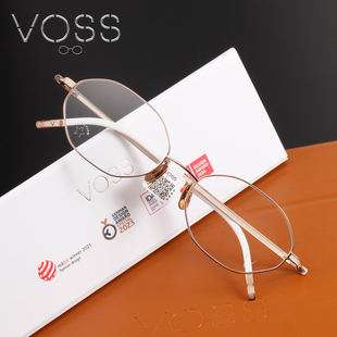 日本产VOSS眼镜架女全框 时尚多边形近视眼镜玫瑰金色 配度数显薄