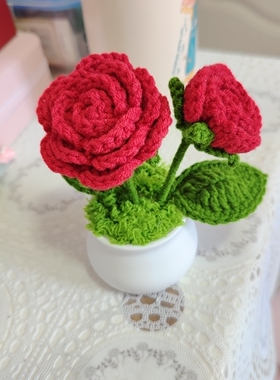 钩织玫瑰花小盆栽永生花手工花