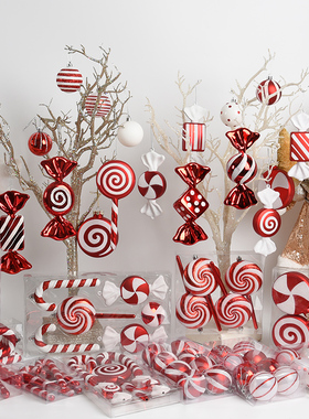 圣诞节装饰盒装塑胶彩绘糖果棒棒糖拐杖吊饰商场橱窗场景布置套装