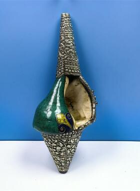 尼泊尔白铜八吉祥绿海螺佛家左旋生物右旋天然藏式密宗螺家用摆件