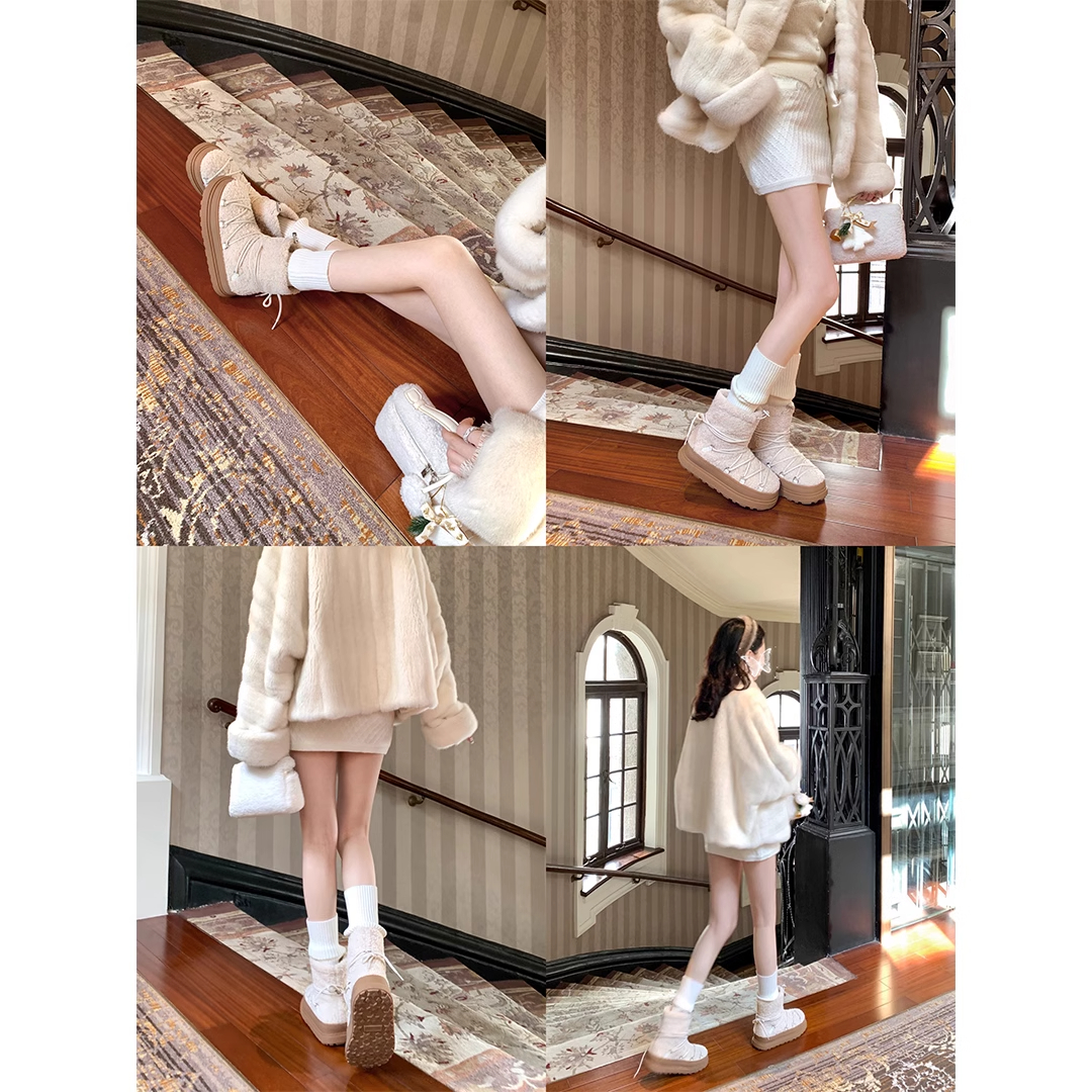 【sheii苏茵茵】北岛初雪~保暖厚底绑带中短筒毛毛棉鞋女雪地靴冬