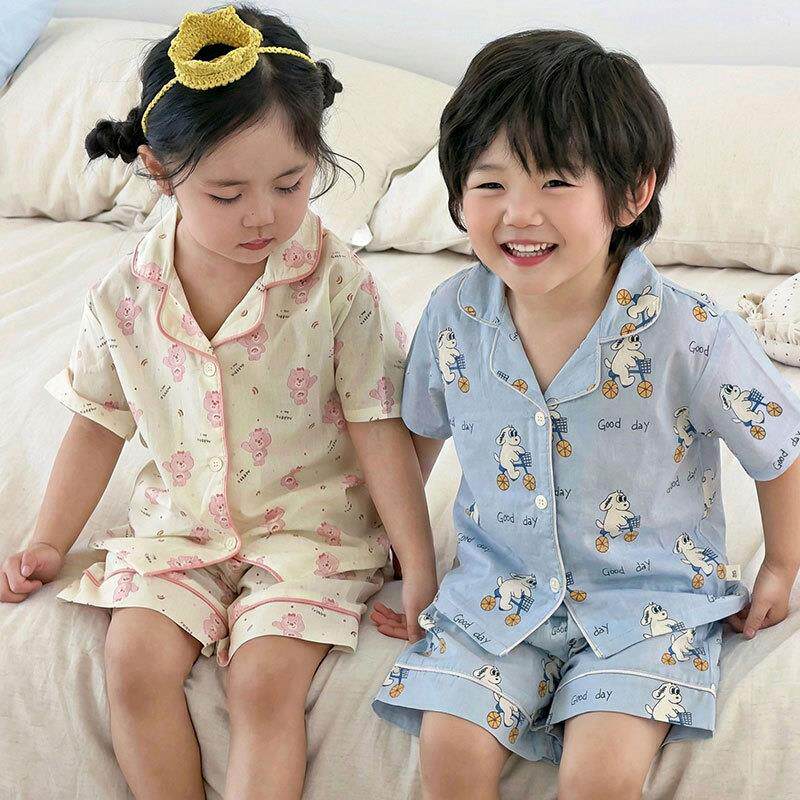 儿童纯棉睡衣夏季宝宝开衫短袖裤套装男女童韩版卡通家居服空调服