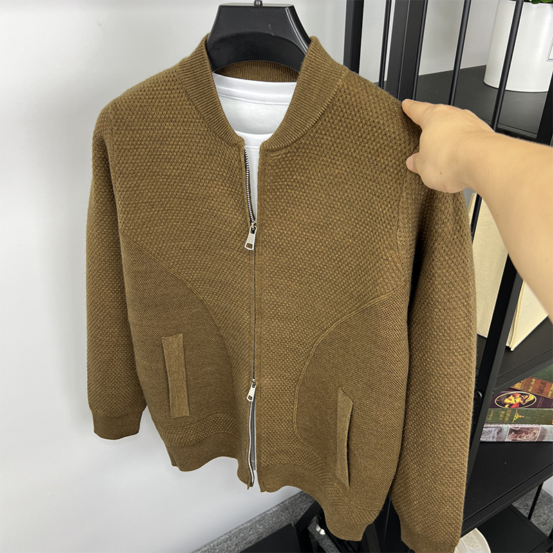 针织开衫男毛衣立领拉链外套假口袋秋季潮流休闲棒球服夹克男修身