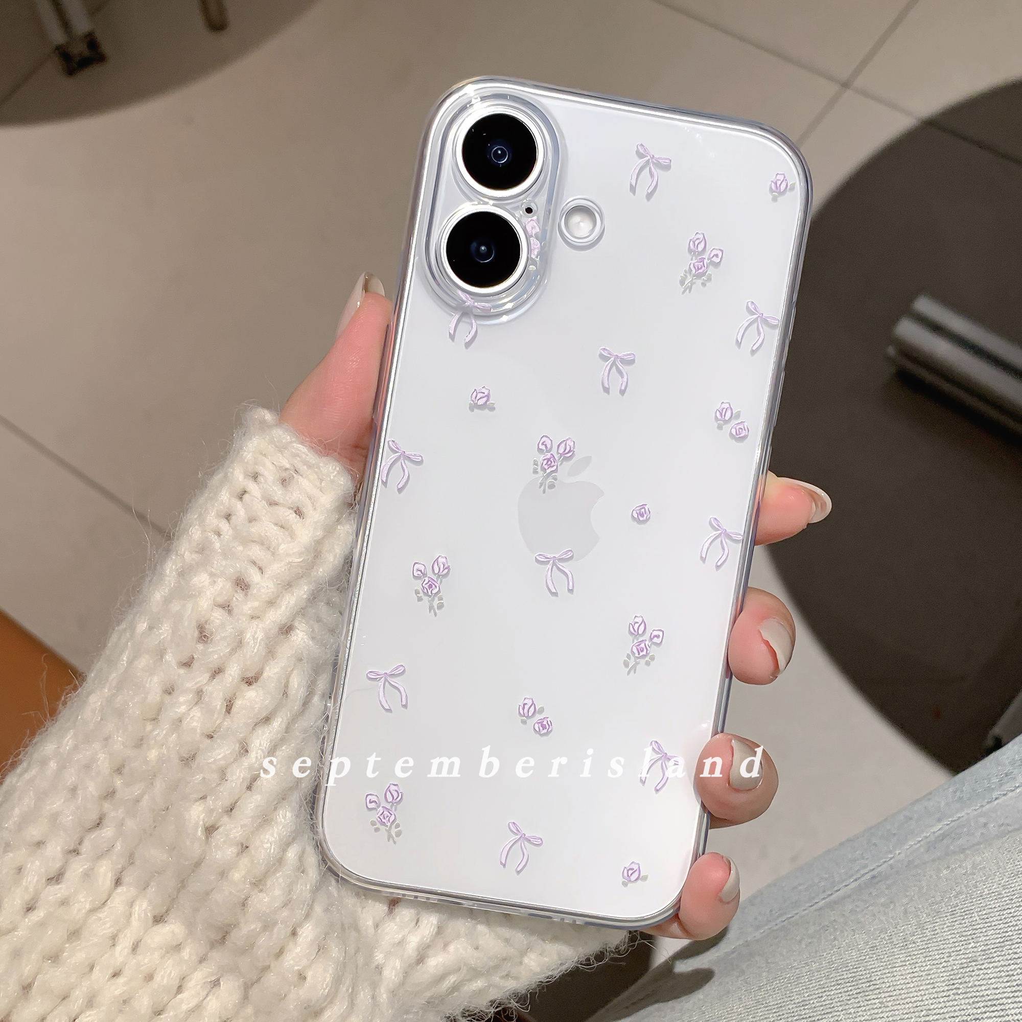 九月岛屿原创mini紫色碎花蝴蝶结透明适用苹果17promax手机壳15pro全包防摔16pro软壳13pro简约tpu少女心17