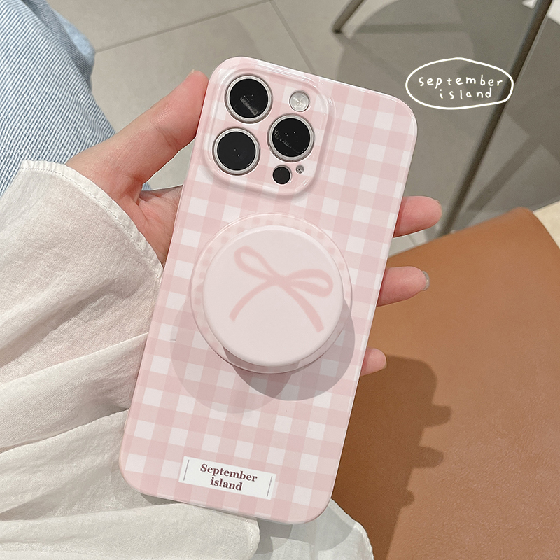 九月岛屿原创16promax粉色格子iphone15ProMax手机壳12全包蝴蝶结磁吸支架硬壳13菲林壳苹果14Pro新款ins防摔