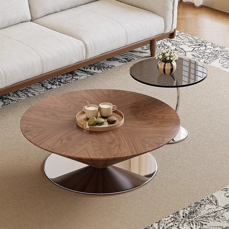 圆形茶几玻璃钢胡桃木不锈钢