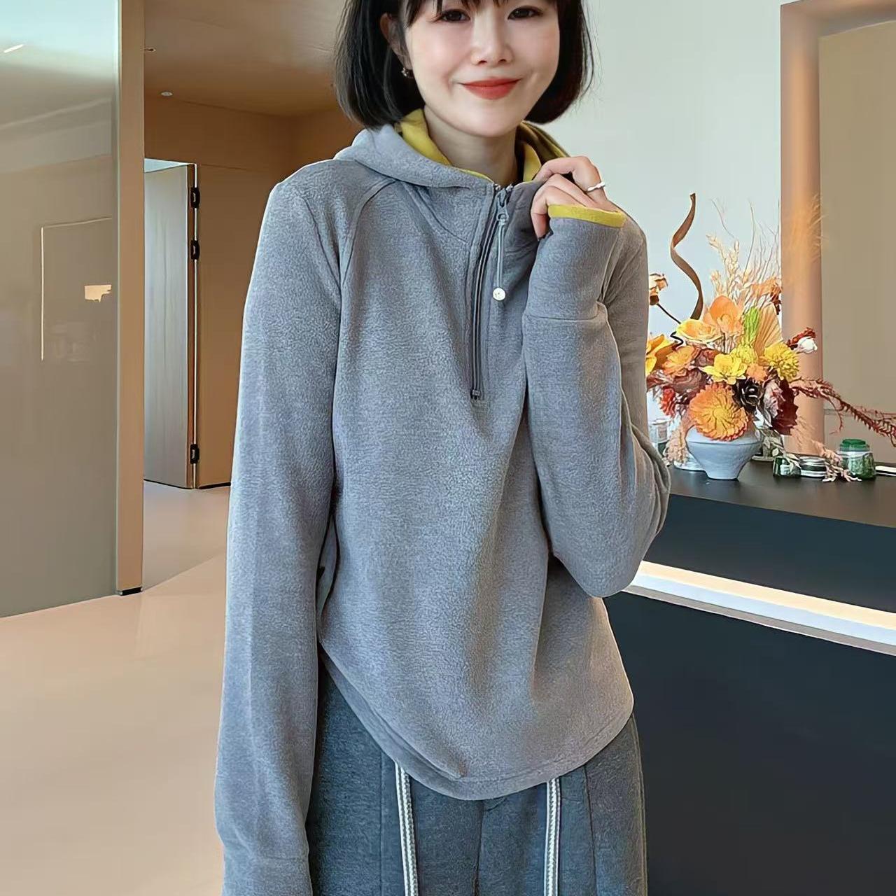 双面绒加厚半拉链连帽撞色卫衣女2025冬季新款时尚百搭显瘦上衣潮