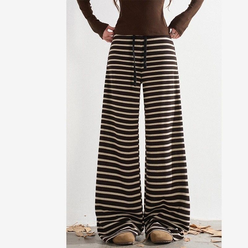 抽绳休闲宽松慵懒条纹阔腿裤女