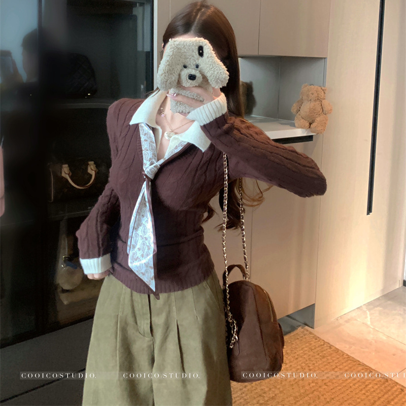 辣妹撞色设计感假两件针织衫女