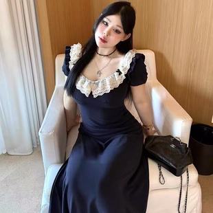 方领裙子 黑泽玄七连衣裙女2025夏季 新款 微胖mm大码 收腰显瘦长短款