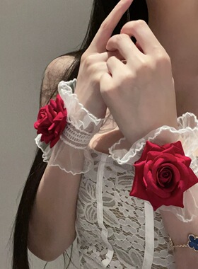 原创性感洛丽塔蕾丝手腕套酒红色玫瑰花礼服舞蹈手腕花袖套手饰