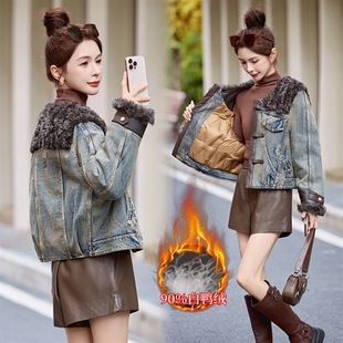 时尚街头风羽绒服女2025冬新百搭牛仔拼接PU皮仿毛90%白鸭绒外套