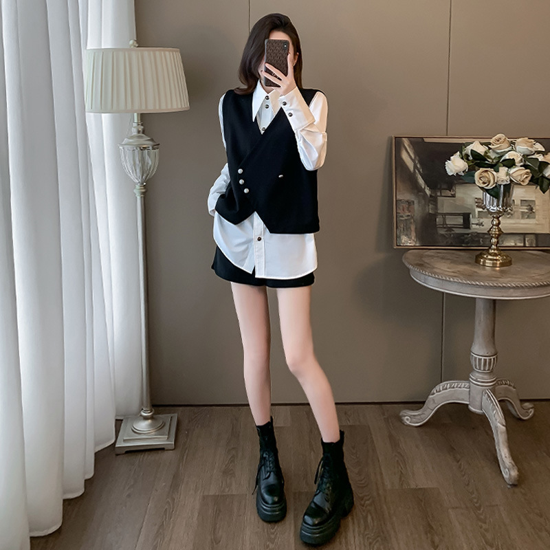 休闲运动套装女春秋季新款高端时尚减龄白色衬衫马甲短裤三件套潮