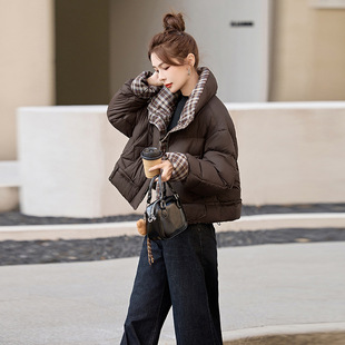 2025冬季90白鸭绒加厚撞色格子羽绒服短款加厚保暖冬季新款羽绒服