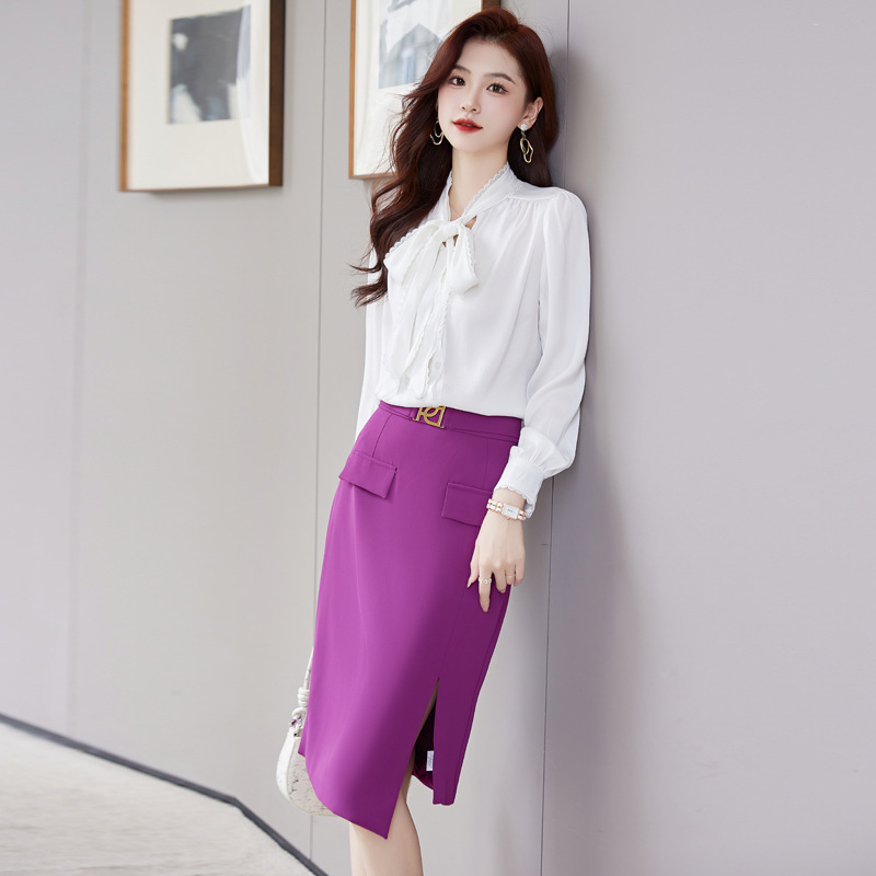 气质名媛风套装女2025秋新时尚优雅纯色系带衬衫搭高腰半裙两件套
