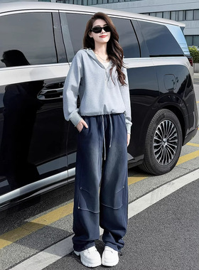 潮流欧货休闲运动套装女2025冬时尚减龄洋气灰色卫衣阔腿裤两件套