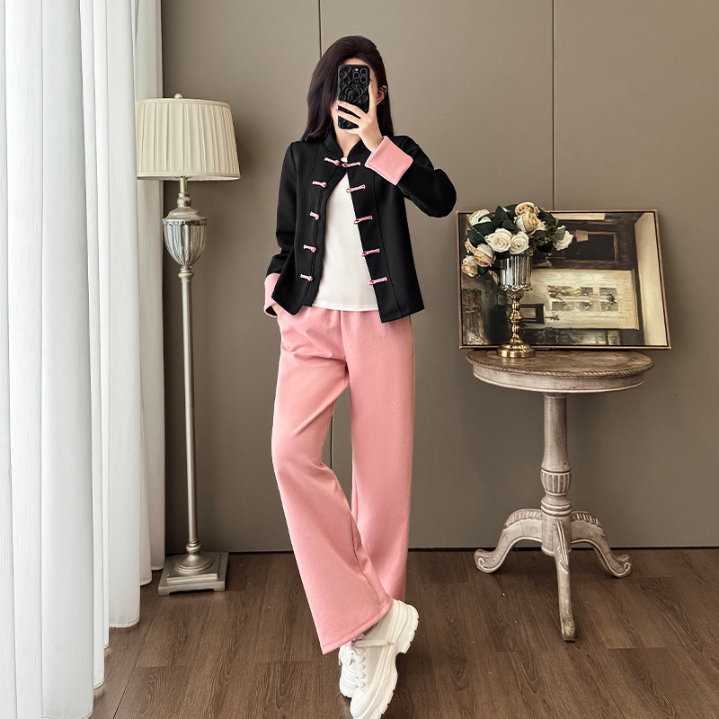 2025秋季新中式国风时尚套装女复古洋气盘扣开衫上衣阔腿裤两件套