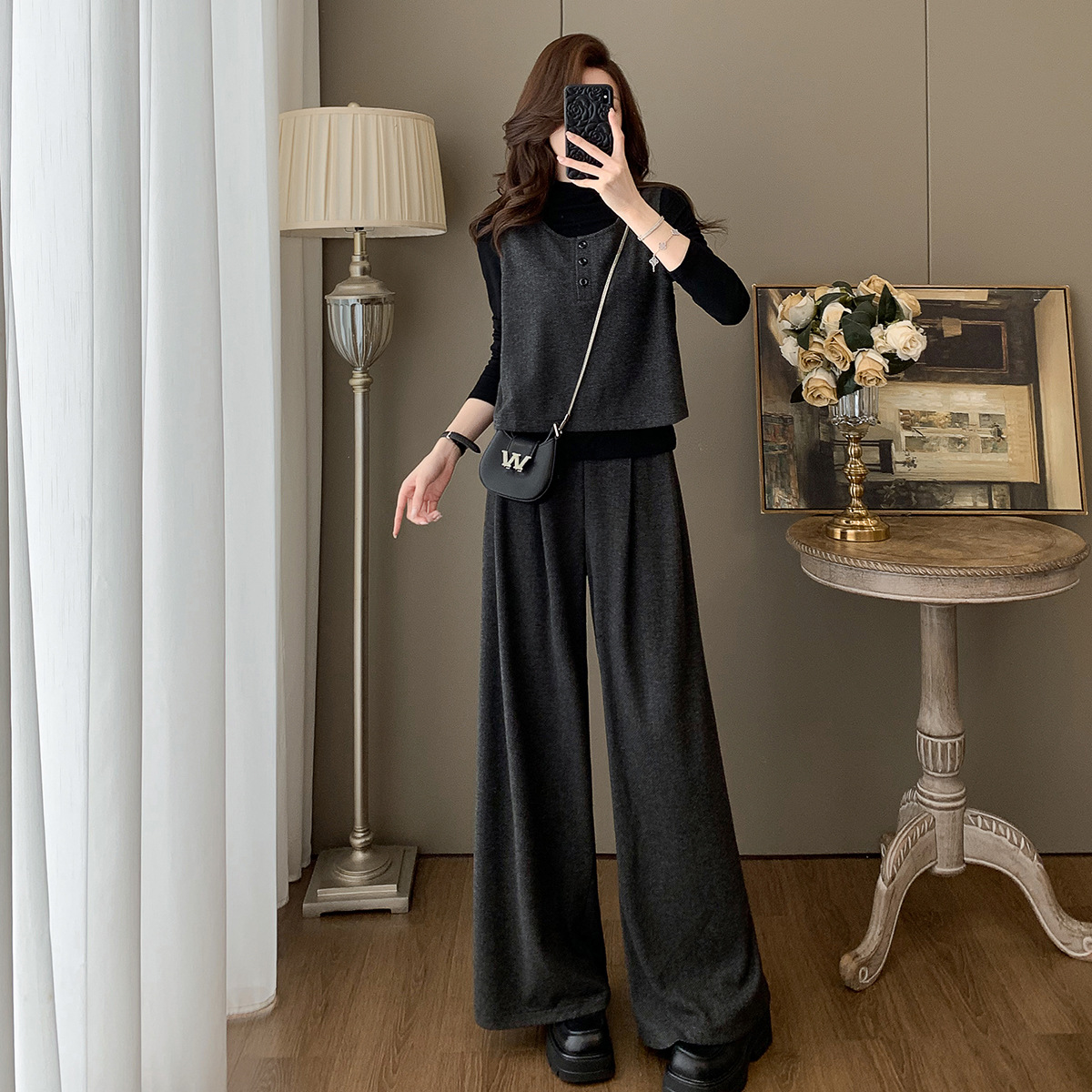 港风时尚套装女2025冬季洋气叠穿马甲上衣内搭打底衫阔腿裤三件套