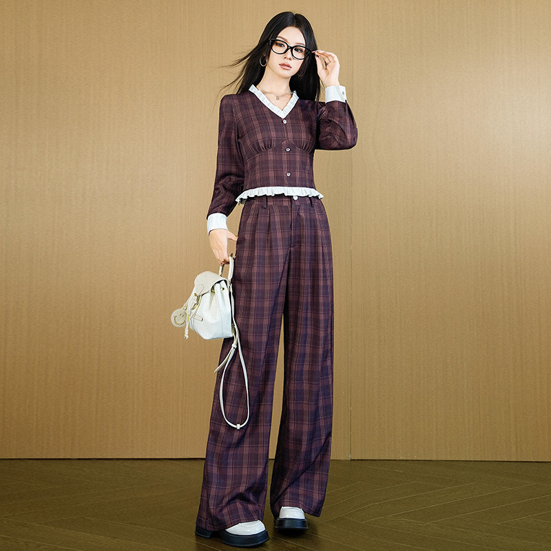 港风复古时尚套装女2025秋季时尚减龄格子长袖上衣阔腿裤两件套