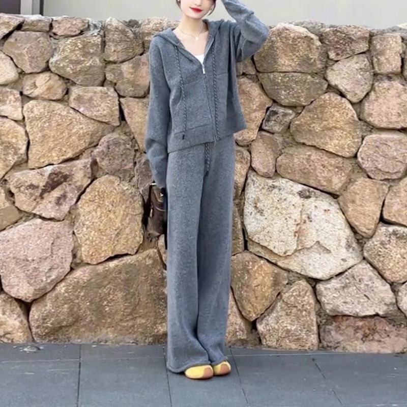 高级感休闲运动套装女春秋冬新款欧洲站时髦连帽灰色卫衣两件套