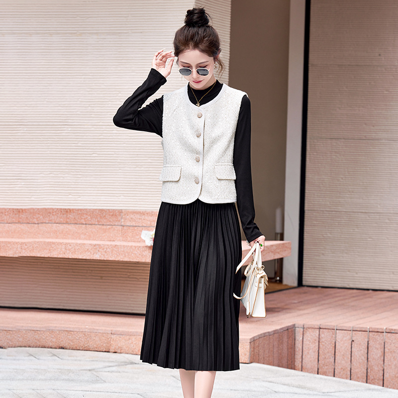 气质名媛风套装2025秋新款亮片马甲外套修身显瘦长袖连衣裙两件套