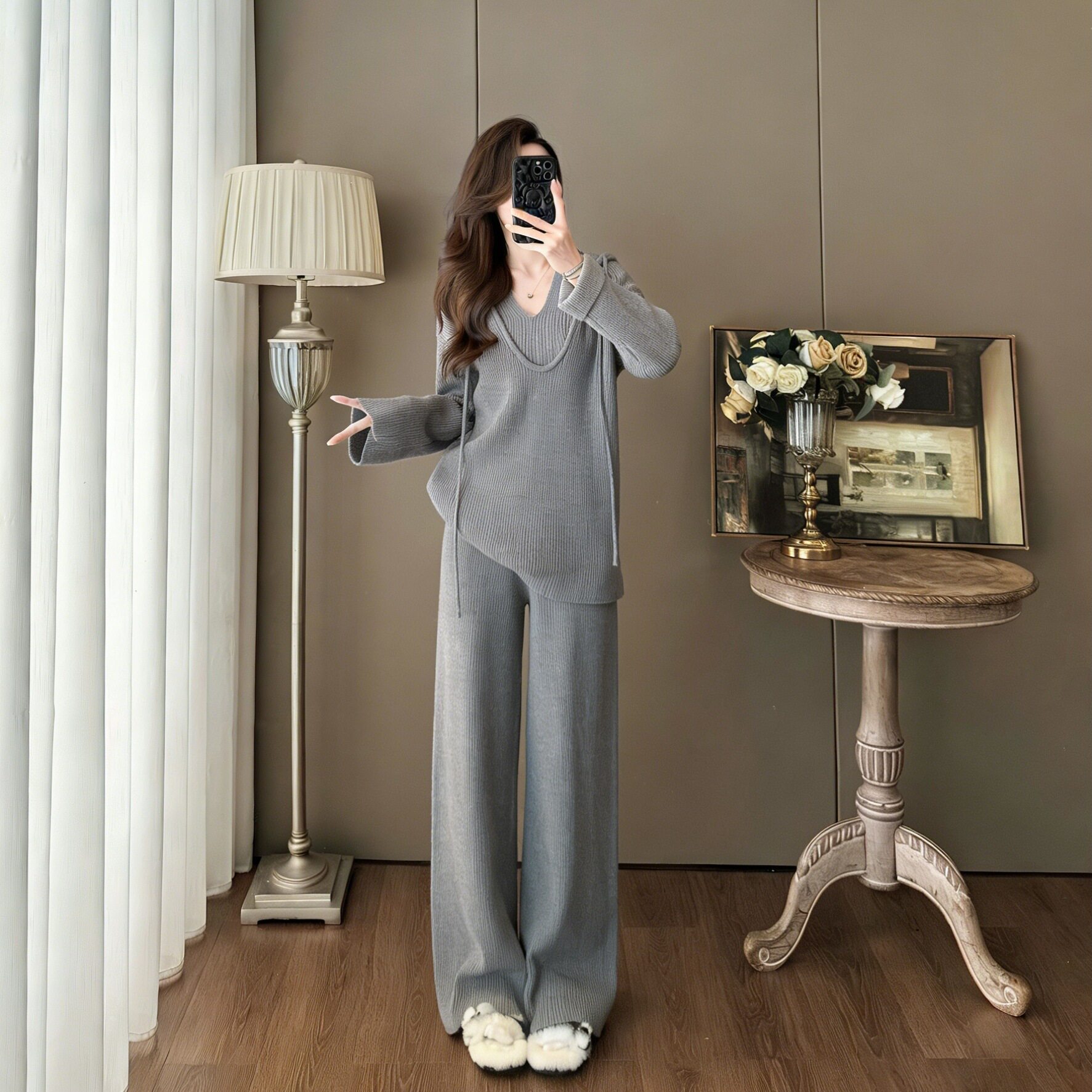 2026春超火穿搭一整套女减龄慵懒风灰色针织上衣背心阔腿裤三件套